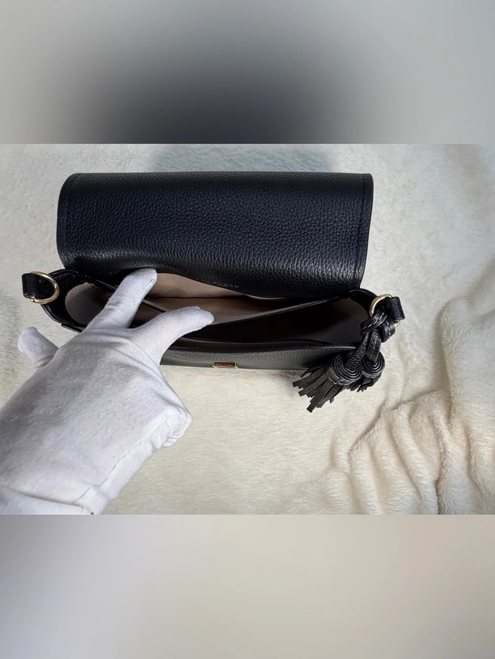 Tory Burch Thea Flap Black Pebbled Leather‎ Crossbody with Tassel and Wide Strap